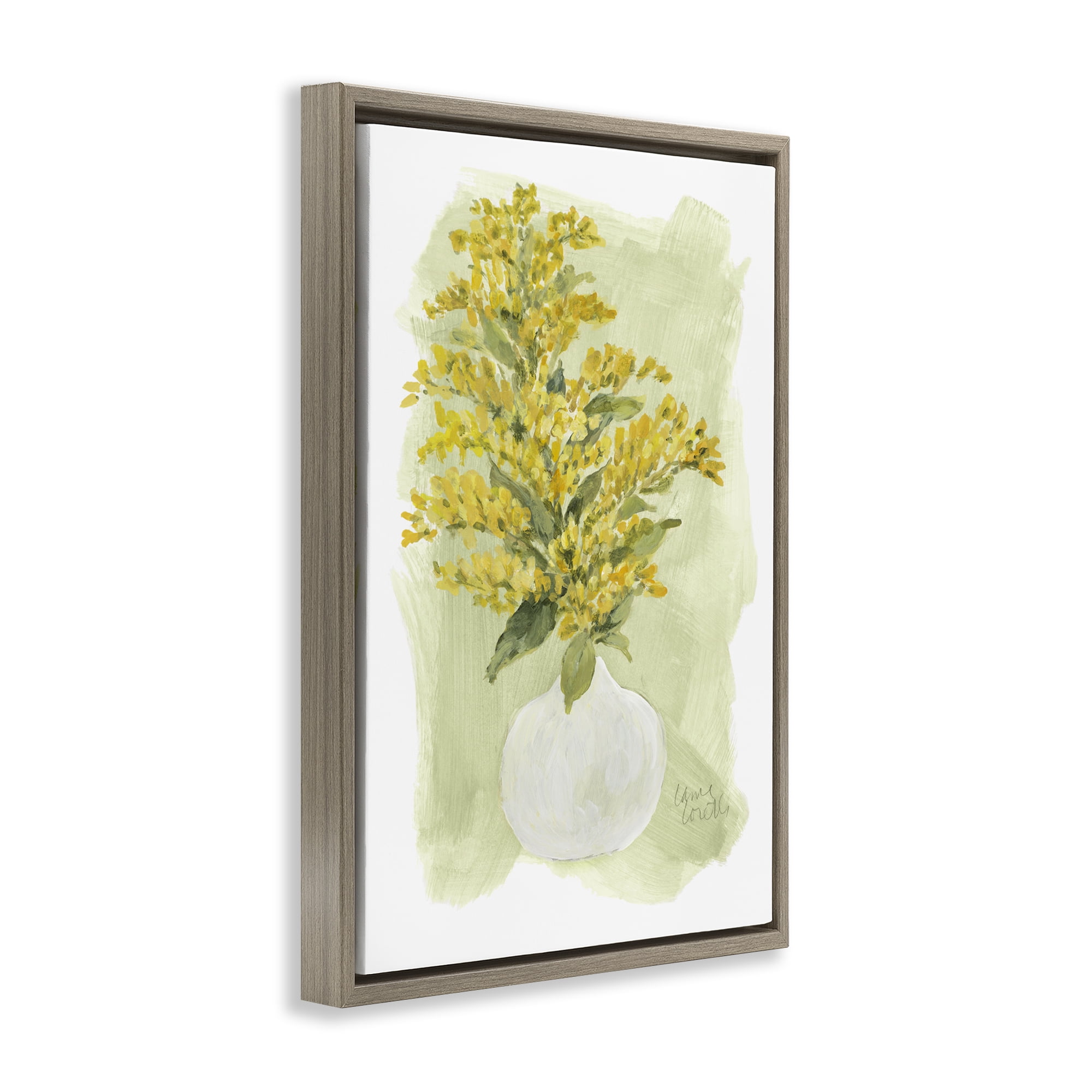 Stupell Industries Goldenrods Bloom White Vase Floral & Botanical Painting Brown Floater Framed Canvas Art Print Wall Art, 21 x 31