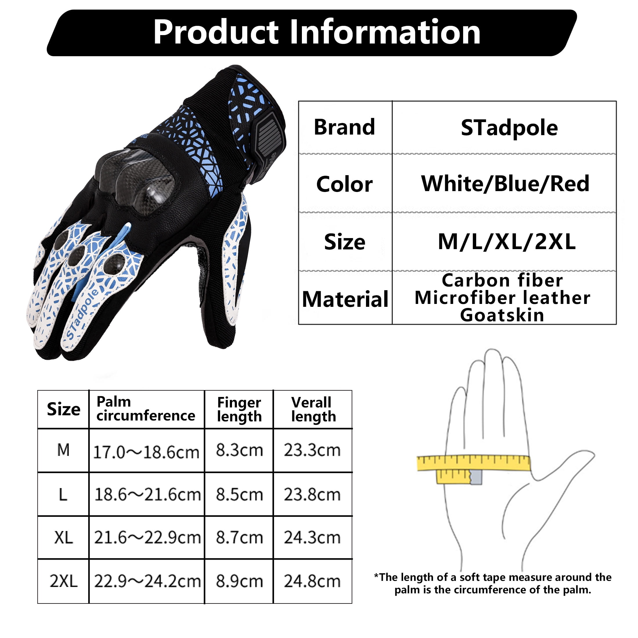 Motorcycle Gloves for Men Hard Knuckle Touchscreen Full Finger Leather Gloves Protection Riding Driving, Blue + Black
