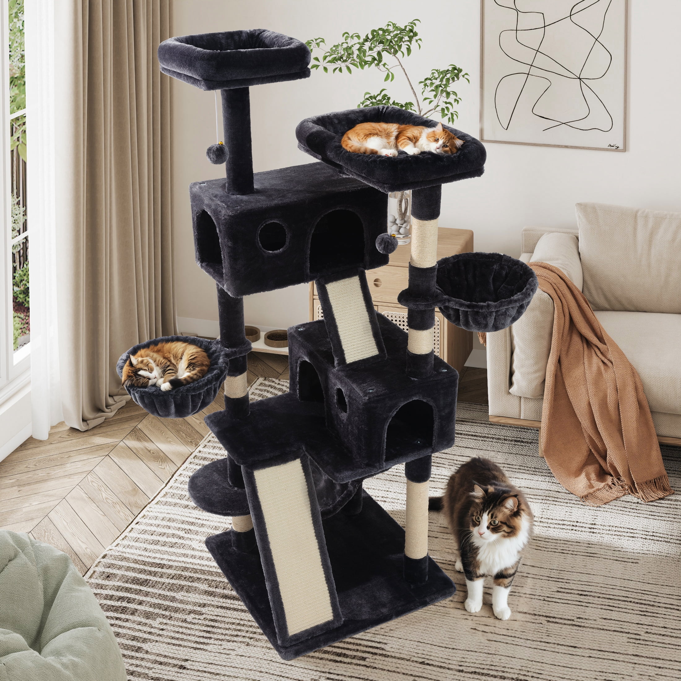 Sifurni 65.7" Large Cat Tree Tower Condo House for Cats with Hammock & 2 Scratching Boards, Dark Blue