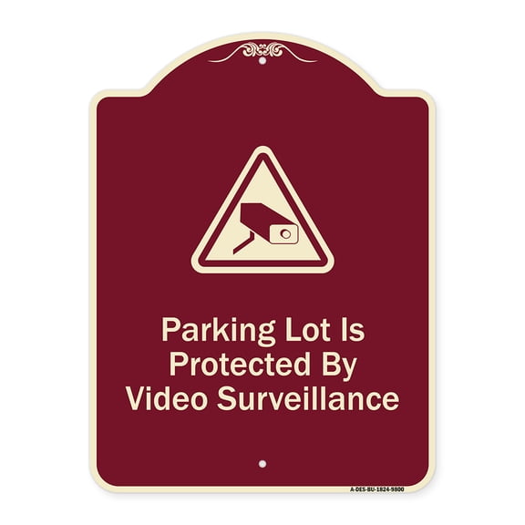 SignMission Designer Series Sign - Parking Lot Is Protected By Video Surveillance With Caution Graphic Burgundy 18" x 24" Heavy-Gauge Aluminum Architectural Sign Protect Your Business
