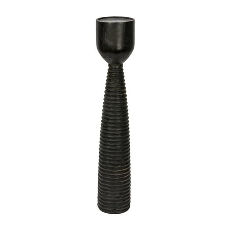 Bloomingville Round Hand-Carved Mango Wood Ribbed Candle Holder  Black