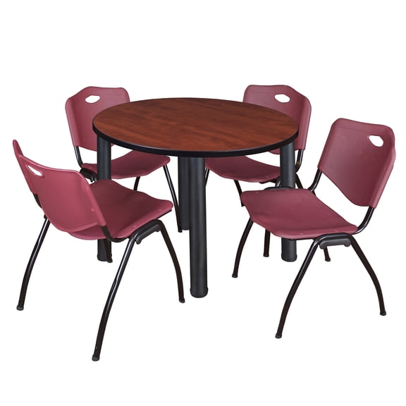 Regency Kahlo 36 in. Round Breakroom Table- Cherry Top, Black Base & 4 M Stack Chairs- Burgundy