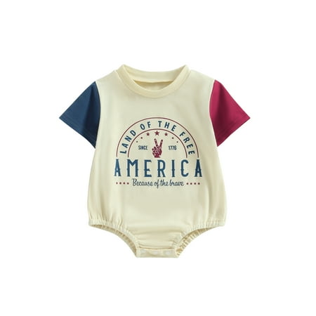 

aturustex 4th of July Baby Boy Girl Infant Letter Print Contrast Color Oversized Romper Jumpsuit Summer Clothes Bodysuit 0M 3M 6M 12M 18M 24M