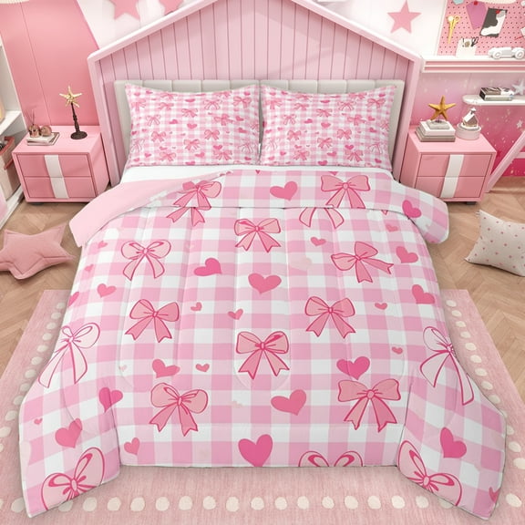 Manfei Kawaii Princess Bowknot Bedding Comforter Set for Teen, Romantic Love Heart Twin Comforter Sets, Pink Square Checkered Reversible Bedding Set, Super Cozy Room Decor, 2pcs