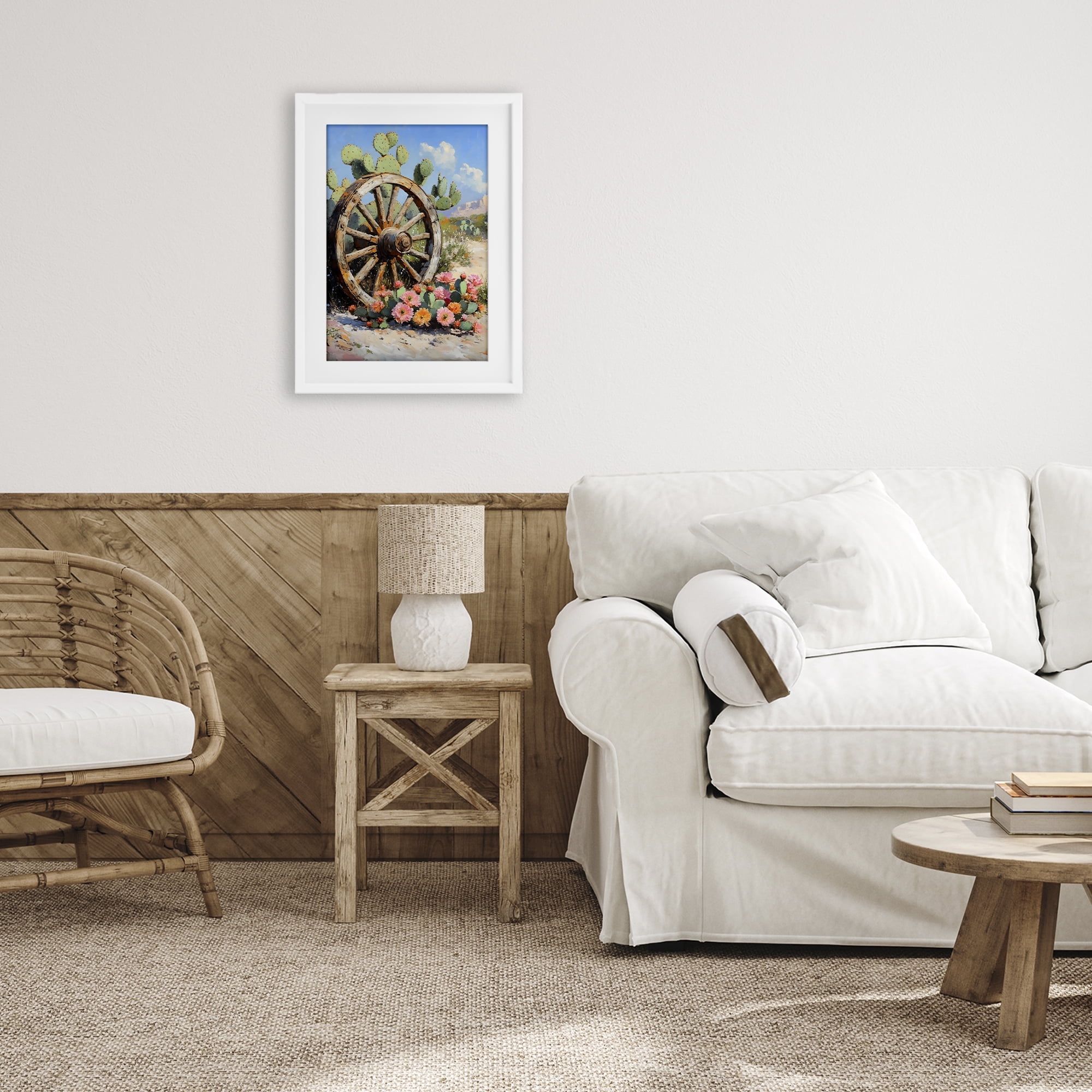 Stupell Industries Wagon Wheel Among Cactus White Framed Print Under Glass, design by Franklyn Gregory