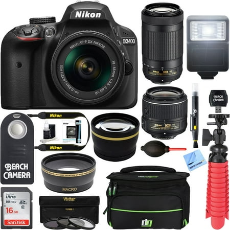 Nikon D3400 24.2MP DSLR Camera w/ AF-P 18-55 VR & AF-P DX 70-300mm VR Dual Lens Accessory Bundle - (Certified Refurbished)