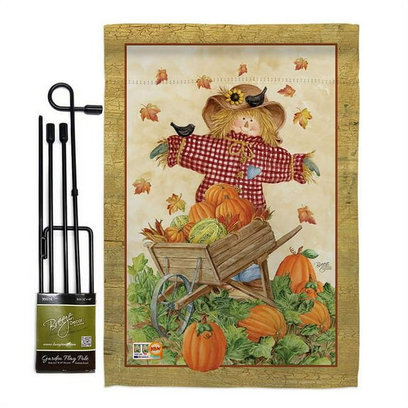 Breeze Decor BD-HA-GS-113043-IP-BO-D-US12-AM 13 x 18.5 in. Scarecrow Fall Harvest & Autumn Vertical Double Sided Mini Garden Flag Set with Banner Pole
