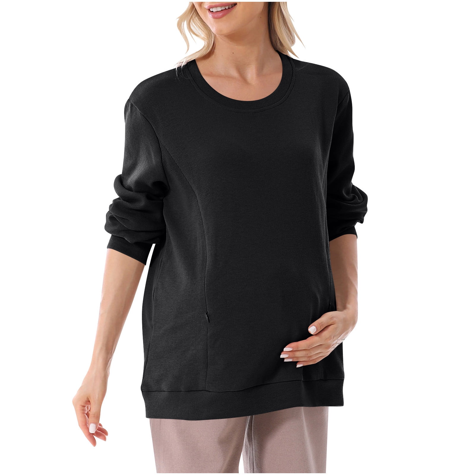 ylioge Maternity Tops for Women Pregnancy Plus Size S-4X Long Sleeve Sweatshirts with Zipper Pullover Solid Color Crewneck Nursing Sweatshirt Shirts