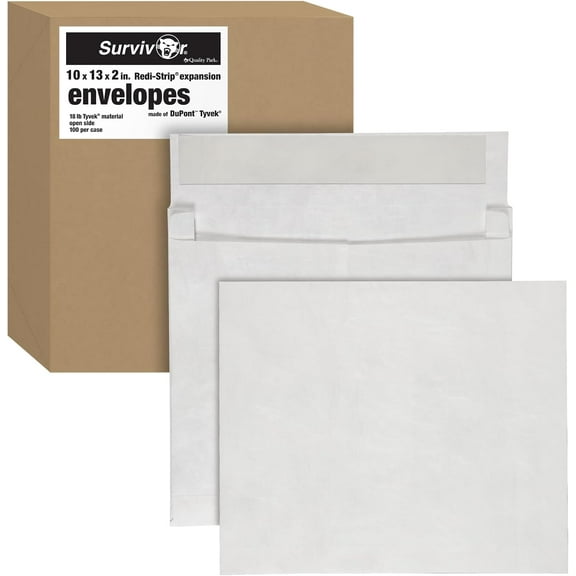 Quality Park Survivor 10 x13 Inch Catalog Envelopes made w/ 14 lb DuPont Tyvek, Expands 2", Peel and Seal Self Seal Closure, White, 100/Box (QUAR4430)