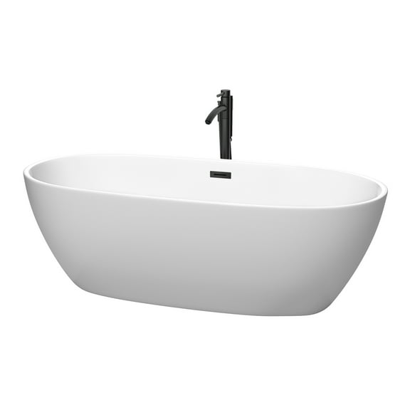Wyndham Collection Juno 71 Inch Freestanding Bathtub in Matte White with Floor Mounted Faucet, Drain and Overflow Trim in Matte Black