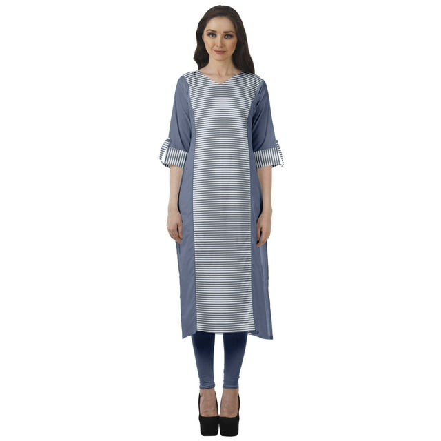 Moomaya Women Printed Kurti Knee Length Kurta Tunic Tops V Neck Plus Size Dress