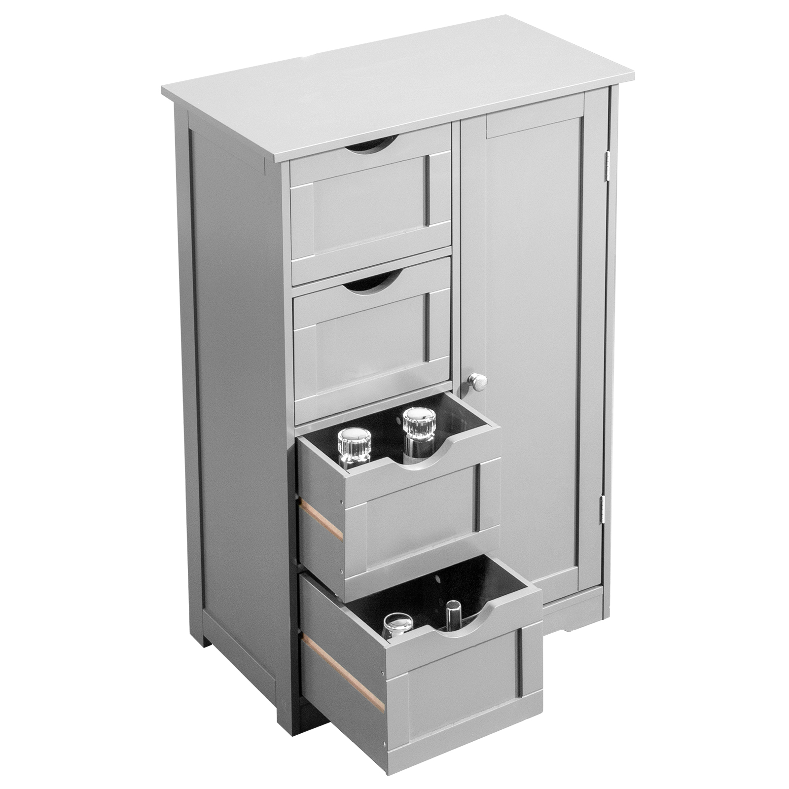 Ktaxon Wooden Bathroom Floor Cabinet, Side Storage Organizer with 4 Drawers, 1 Cupboard & 2-Shelves, Gray