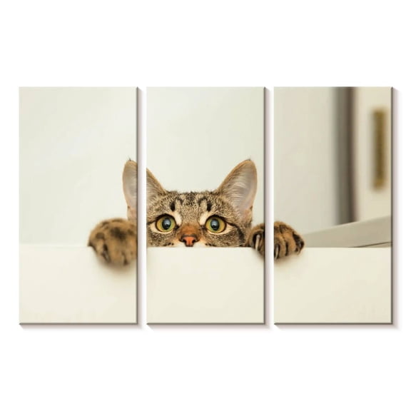 Elephant Stock Peeking Young Cat Wall Art - Horizontal Multi Panel Canvas - Living Room Wall Decor - Animal Multi Panel - Beige And Brown Decor - 23" x 14"