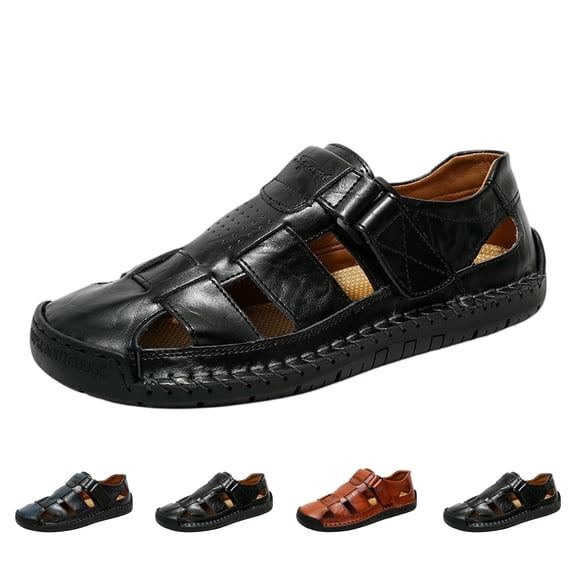 Mens Handmade Leather Flat Closed Toe Fisherman Sandals, Men Home Sandals Adjustable Summer Hollow Out Breathable Comfortable Beach Shoes, 43