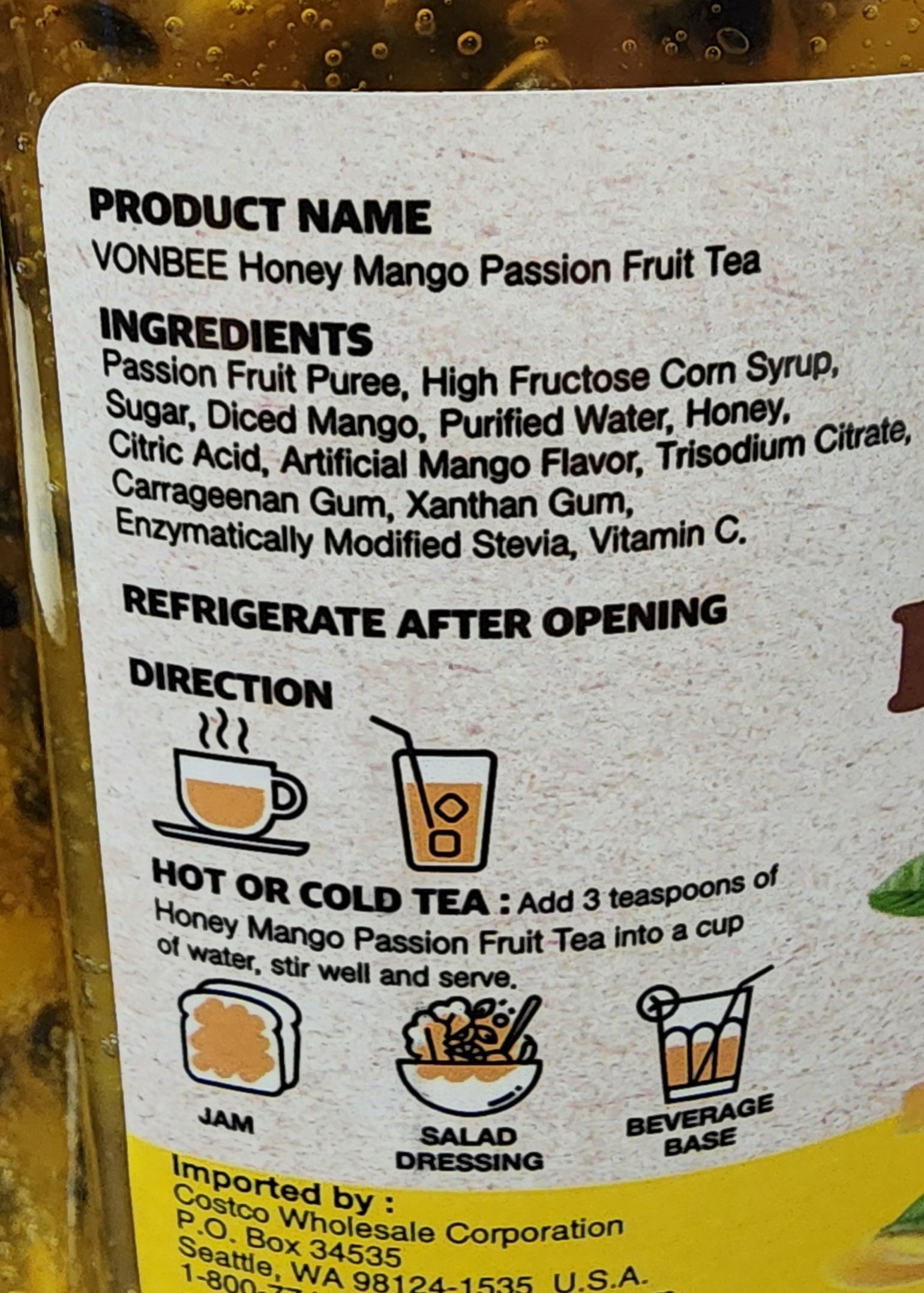 Vonbee Honey Mango Passion Fruit Tea Net wt 65.25 oz (4.0 LB) 꽃샘 꿀 망고 패션후르츠 차 1.85 Kg