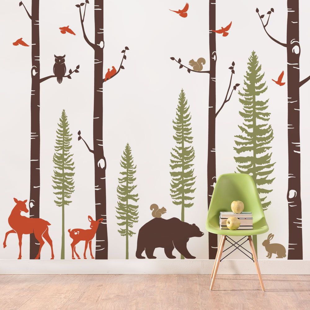 Woodland Animals and Birch Trees Matte Wall Decal Set