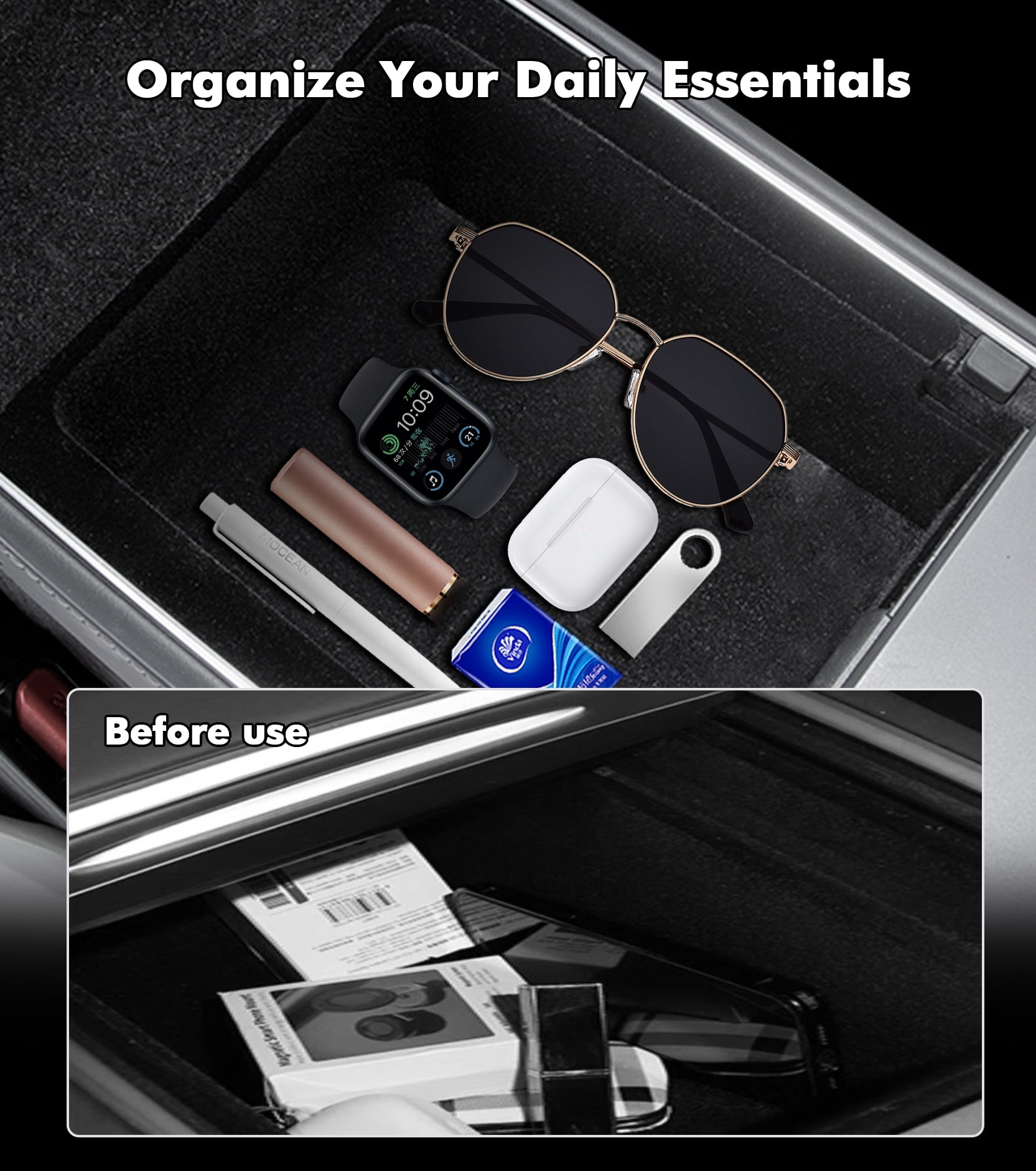 Center Console Tray Organizer Replacement For 2025-2026 Tesla Model Y Juniper Front and Rear 2Pcs Automotive Car Organizers Storage Flocking