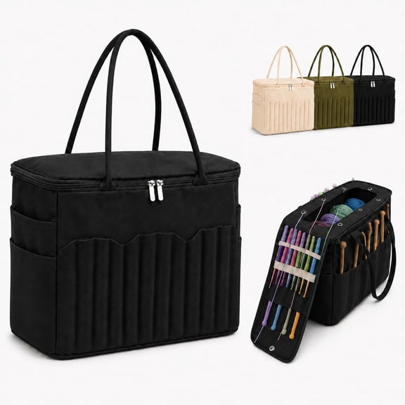Canvas Yarn Storage Bag, Large Knitting and Crochet Organizer Tote with Multiple Front Pockets, Yarn Holes, Zipper Closure, Portable Holder for Supplies, Projects and Craft Tools
