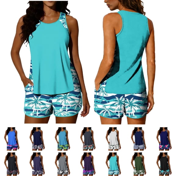 Summer Tankini Swimsuits for Women Classic Tank Tops with Hawaii Cute Print Boy Shorts Standard Straps Bathing Suits Light Blue Swimsuit Sets,Size S-2XL