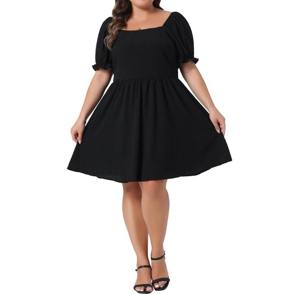Agnes Orinda Women's Plus Size Summer Babydoll Dress Smocked Square Neck Short Puff Sleeve Casual A Line Midi Dress 1X Black