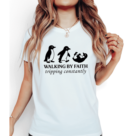 Women Walking By Faith Penguin Graphic Christian Religious Effortless Everyday Tee T Shirt Top Short Sleeve Round Neck White S-5XL