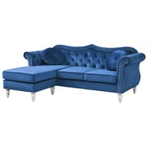 Passion Furniture Hollywood 81 in. Navy Blue Velvet Chesterfield Sectional Sofa with 2-Throw Pillow