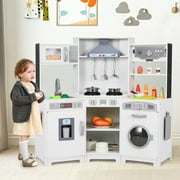 Arlopu Corner Play Kitchen for Kids, Wooden Pretend Toy Kitchen with Lights & Sounds, Washer, Range Hood, Microwave Oven, Sink