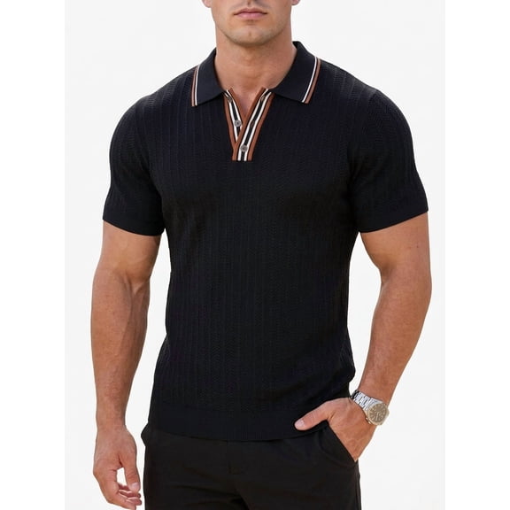 Mens Knit Polo Shirts Short Sleeve Ice Silk Cooling Business Casual Shirt Breathable 3-Button Golf Knitwear Black M
