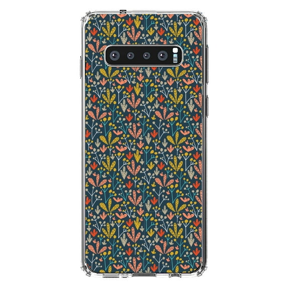 DistinctInk Clear Shockproof Hybrid Case for Samsung Galaxy S10  PLUS(6.4" Screen) - TPU Bumper, Acrylic Back, Tempered Glass Screen Protector - Modern Floral - Navy Yellow Teal