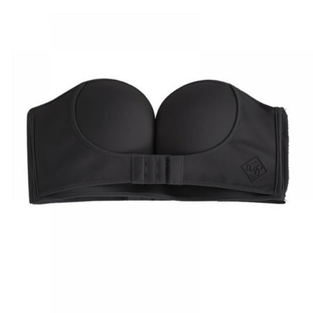 Women Sexy Strapless Front Buckle Bra Push Up Lingerie Backless Brassiere Seamless Bralette Underwear for Wedding Dress Black 32B