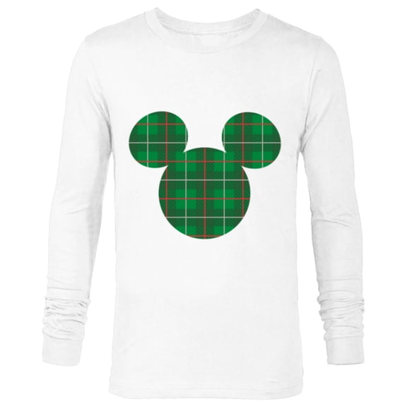 Disney Mickey Mouse Icon Green and Red Holiday Plaid - Long Sleeve T-Shirt for Men - Customized-White