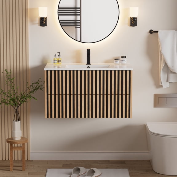 36" Single Bathroom Vanity with Integrated Sink Top, Faucet, Drain, Floating Cabinet
