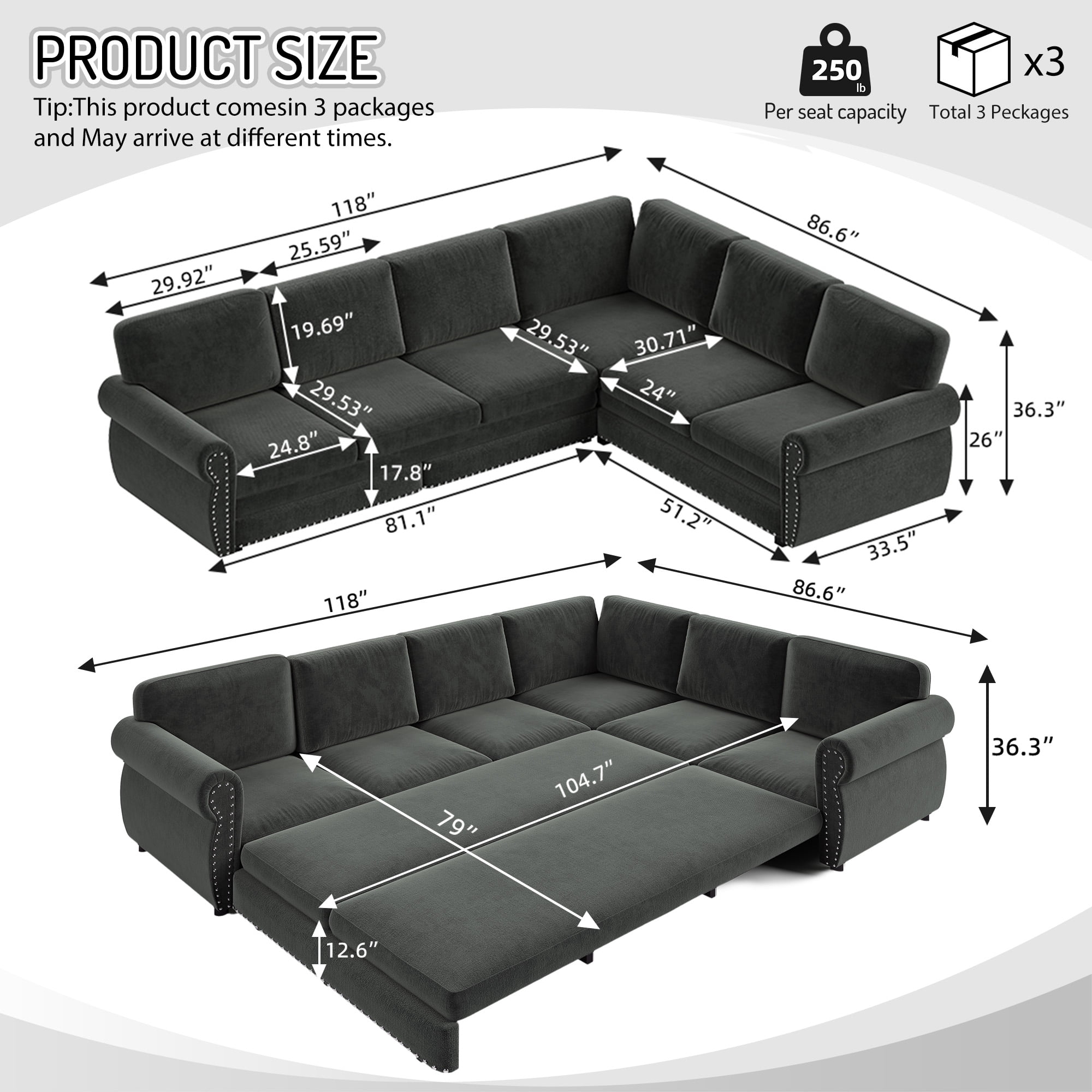 LLappuil Sectional Sofa Couch, Oversized Chenille Sofa with Pull Out Sofa Bed for Living Room Dark Gray