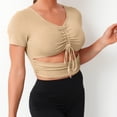 thumbnail image 5 of Youyipin Womens Tops Women's Summer Sexy Crop Top Ruched Y2K V Neck Slim Short Sleeve Casual Basic Knit T Shirt Workout Tops Khaki Spring Tops For Women, 5 of 7