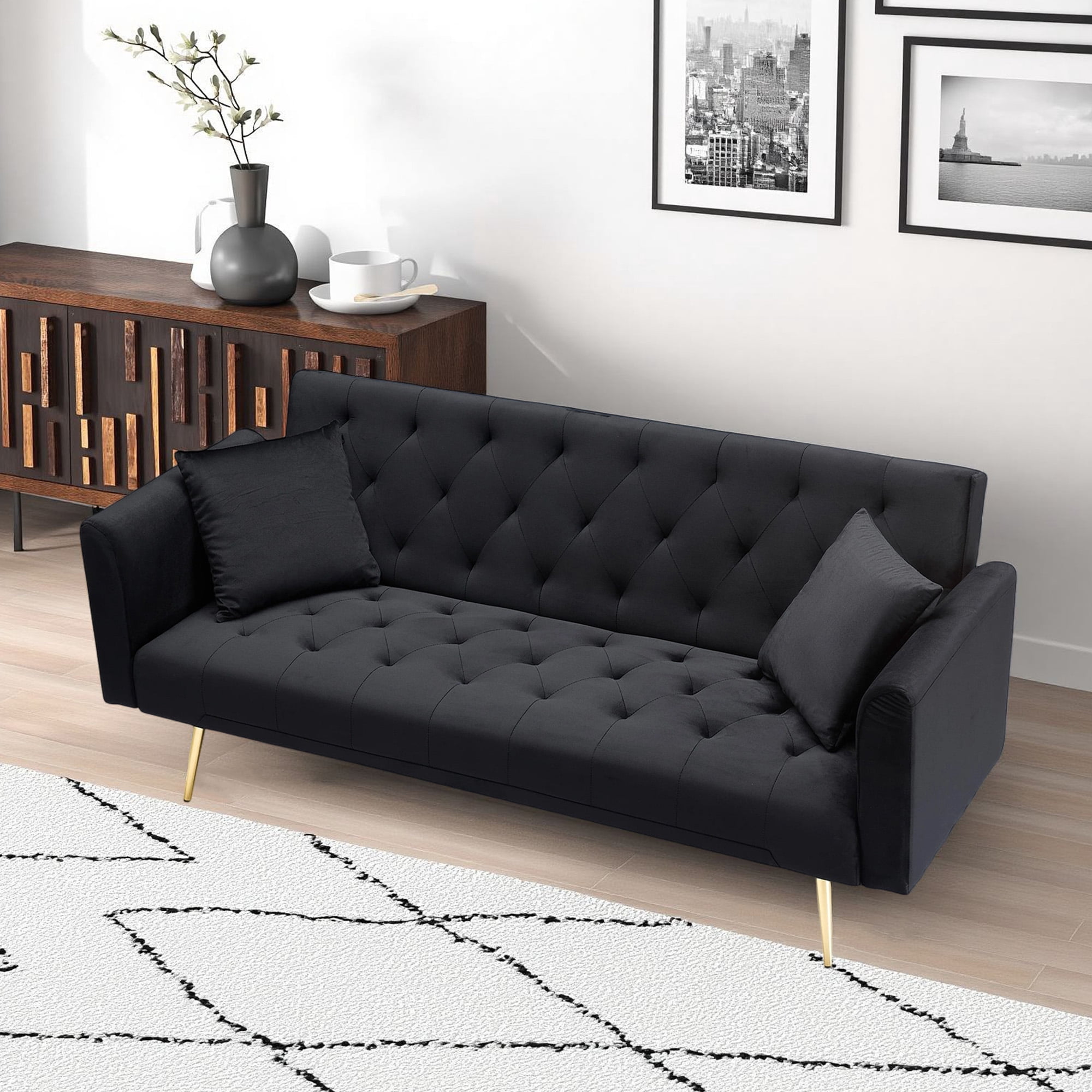 Leumius Velvet Futon Sofa Bed,Convertible Sleeper Couchwith Adjustable Backres & 2 Pillows for Small Spaces,Living Room,Black