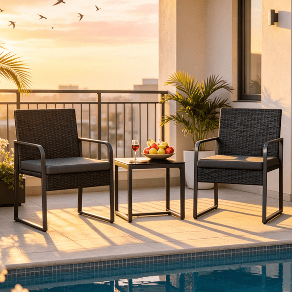 Balcony Furniture Set, Gizoon 3 PCS Patio Furniture Set with Breathable PE Wicker and Sturdy Alloy Steel Frame for Poolside/Backyard, Black