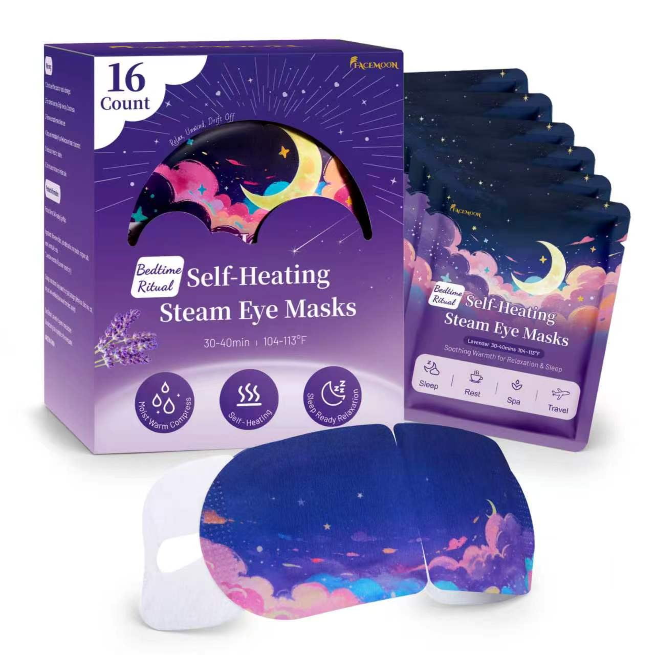 FACEMOON 16 Pack Self-Heating Eye Masks, Warm Compress for Dry Eyes, Stye and Eyelid Comfort, Unscented Disposable Masks for Screen Fatigue