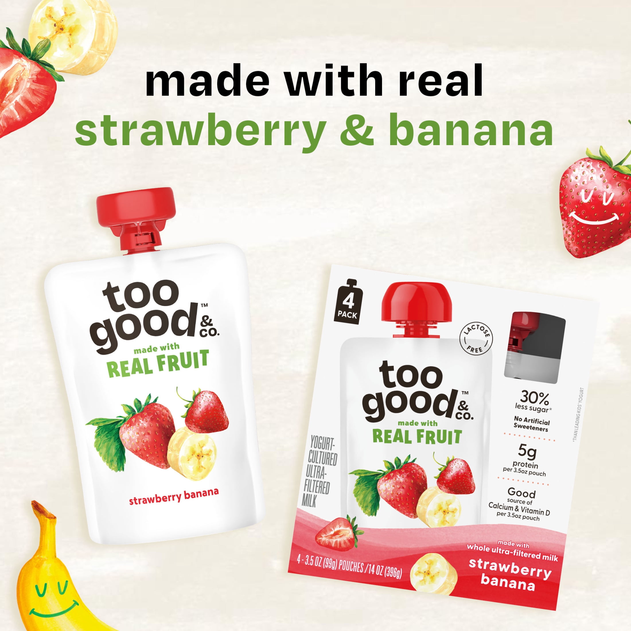 Too Good & Co. Strawberry Banana Yogurt-Cultured Ultra-Filtered Milk Pouches, Kids Snacks, 3.5 oz, 4 Count​