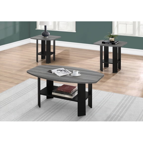 3-Piece Table Ensemble for Living Room - Coffee & End Tables, Black & Grey Laminate, Transitional Look