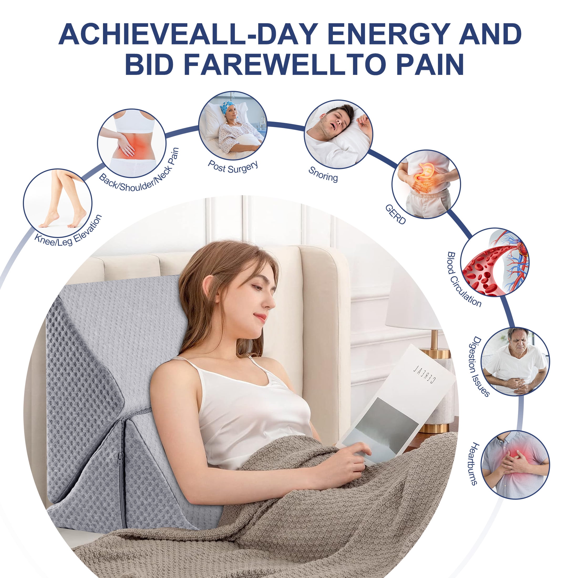 MOONORAH Wedge Pillow Set for Sleeping Post Surgery & Apnea，3 in 1 Memory Foam Reading Pillow, Orthopedic Bed Wedge Pillows Headboard for Acid Reflux, Leg Pain & Back Pain Relief - Gray
