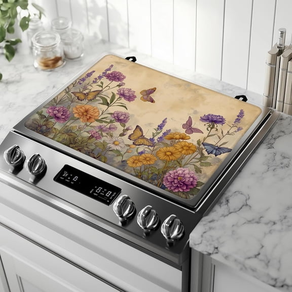 Stove Top Covers for Electric Stove,Vintage Flowers Butterfly Glass Top Cover Non-Stick Kitchen Pad for Gas Cooktop Washable Countertop Protector Mat Keep Stove Clean 28.5“ x 20.5“
