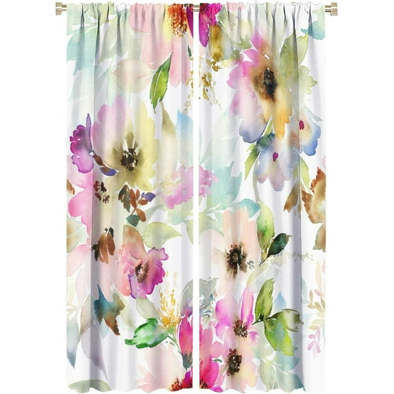 Watercolor Flower Curtains Abstract Style Colorful Floral Leaves Blackout Print Rod Pocket Window Drapes for Bedroom Living Room 52x84in