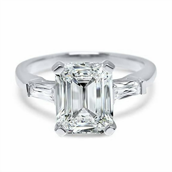 HeartsAndYou 3.2ct Emerald Cut Moissanite Baguette Accents Trilogy Ring 18k White Gold over Silver