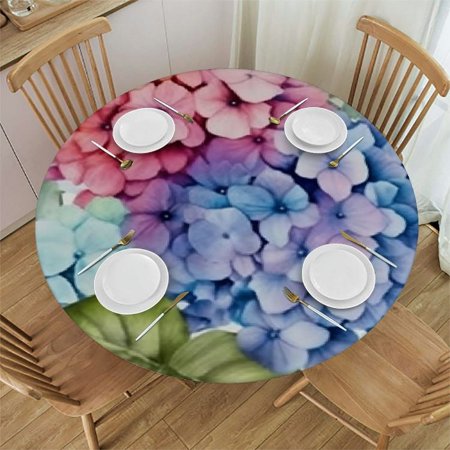 

Round Fitted Tablecloth Elastic Edged Table Cover Watercolor Hydrangea and Foliage Waterproof Wipeable Table