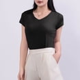 thumbnail image 2 of Wyobmus Women Basic T Shirt Casual Short Sleeve Basic Going Out Tops Slim Fitted V-Neck Tight T Shirts Blouse B-Black, 2 of 5