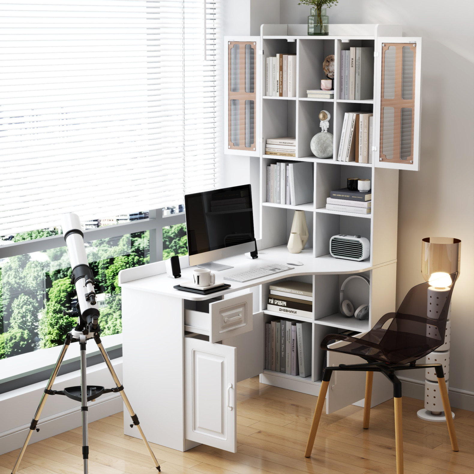 L-Shaped Corner Computer Desk with Drawers, Bookshelf and Hutch,  2-in-1 Study Desk with Large Tabletop, Modern Office Desk for Home Office, White