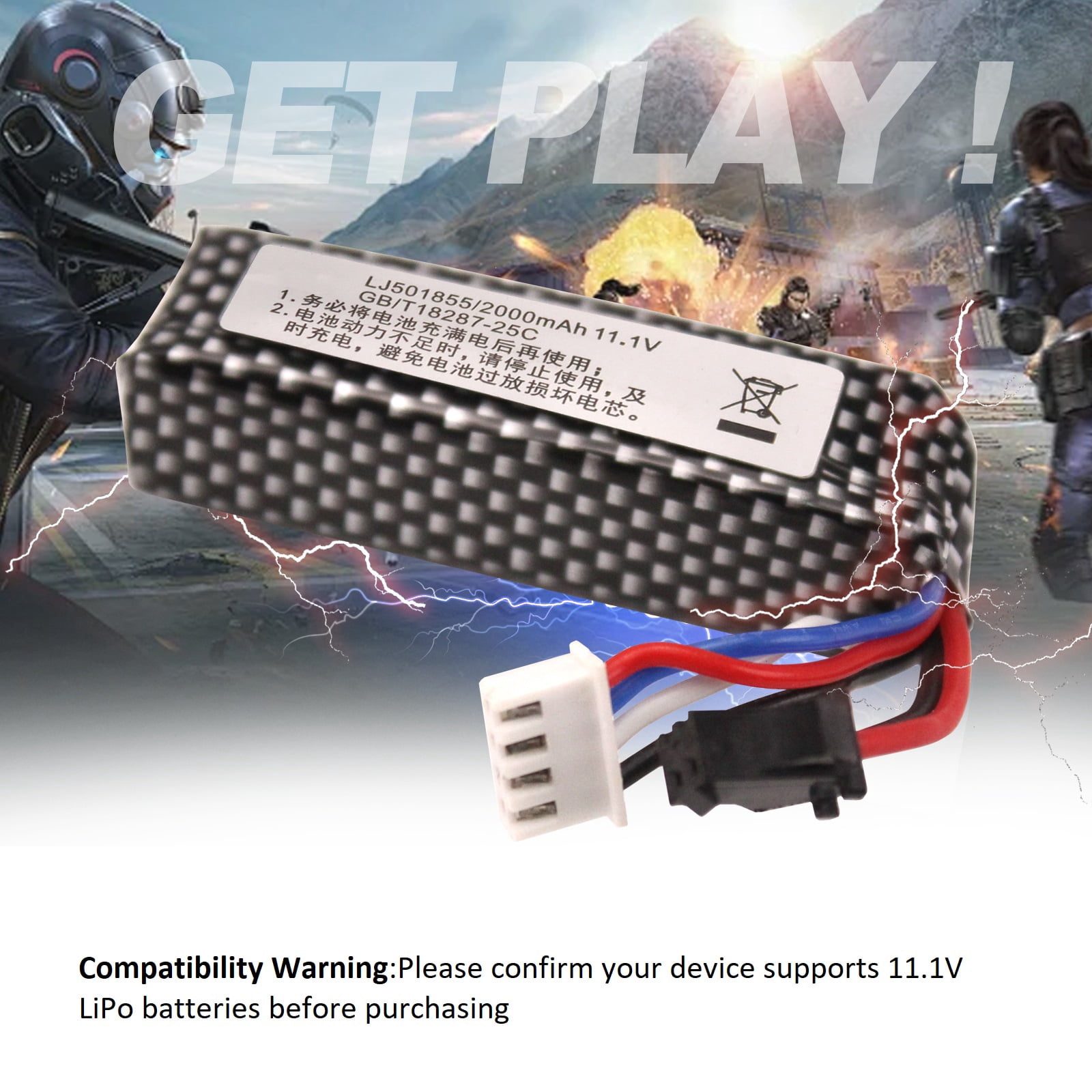 11.1V 2000mAh Airsoft LiPo Battery with USB Charger, 25C High-Discharge Rate SM & XH-4P Connectors  for Gel Ball Blasters