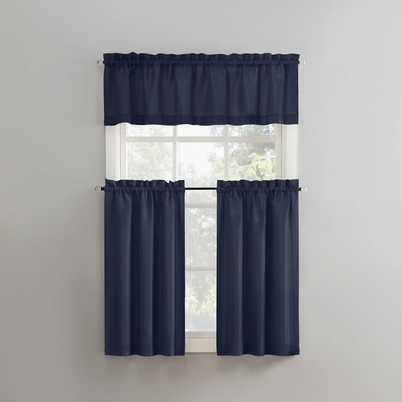 No. 918 Martine Microfiber Semi-Sheer Rod Pocket Kitchen Curtain Valance and Tiers Set, 54" x 36", Navy Blue