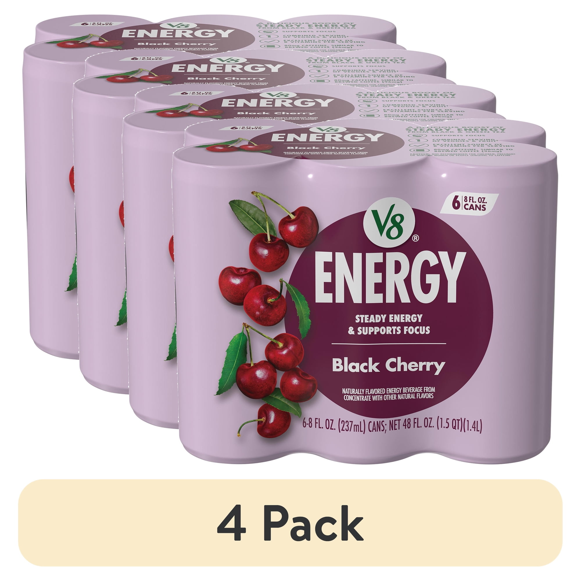 (4 pack) V8 Energy Black Cherry Energy Drink, 8 fl oz Can, 6 Pack