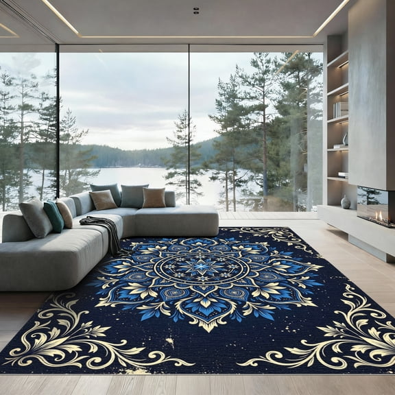 ODIKA 4' x 6' Machine Washable Non-Slip Area Rug, oriental geometric High Traffic Rug, Blue, 1270219